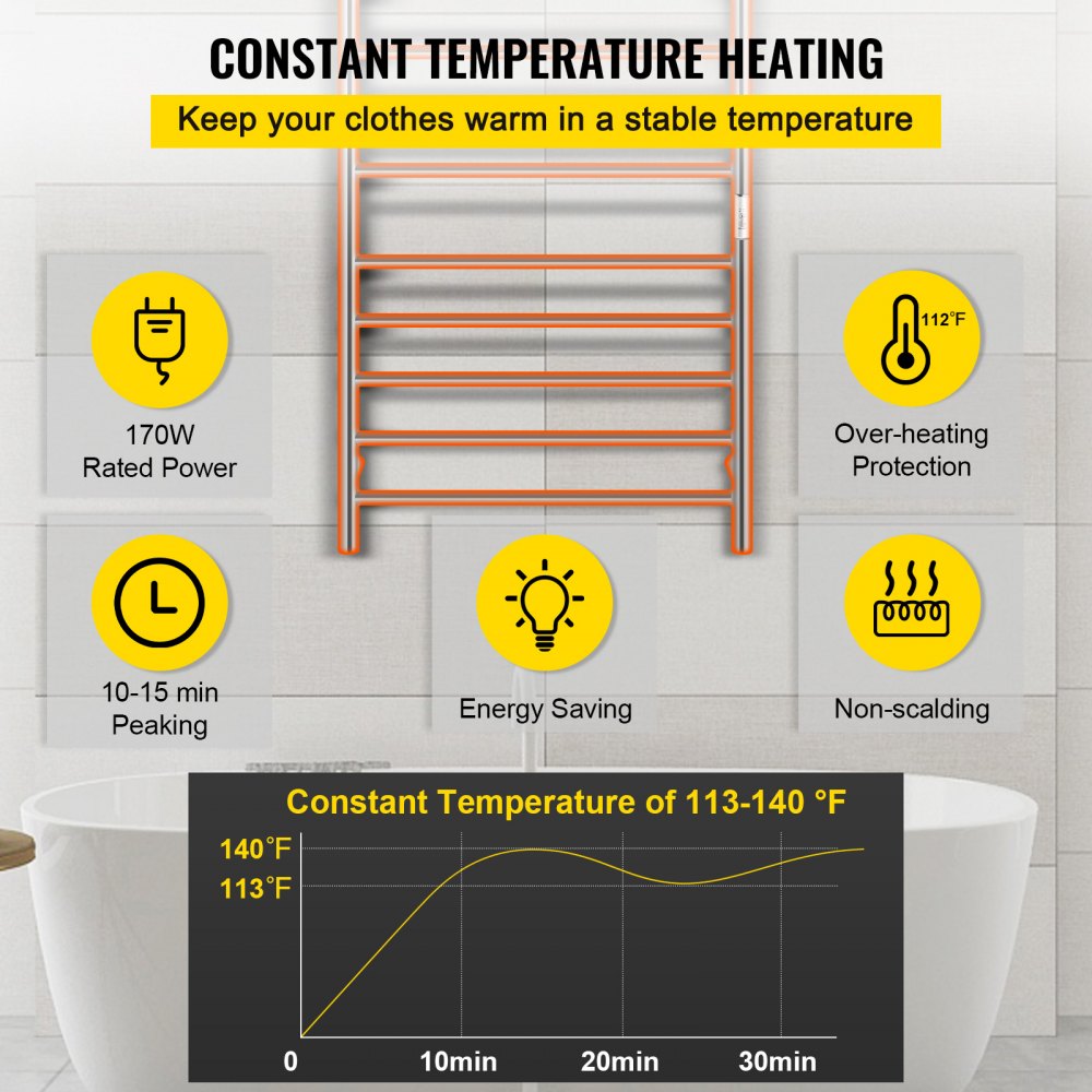 VEVOR Heated Towel Rack, 12-Bar Towel Warmer Rack, Wall Mounted Electric Towel Warmer, Electric Towel Drying Rack with Timer, Polished Stainless Steel Heated Towel Warmer for Bath, Plug-in/Hardwired