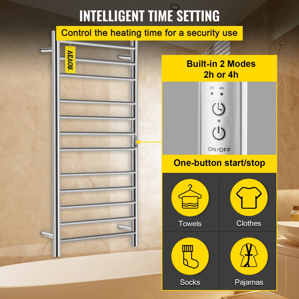 VEVOR Heated Towel Rack, 12-Bar Towel Warmer Rack, Wall Mounted Electric Towel Warmer, Electric Towel Drying Rack with Timer, Polished Stainless Steel Heated Towel Warmer for Bath, Plug-in/Hardwired
