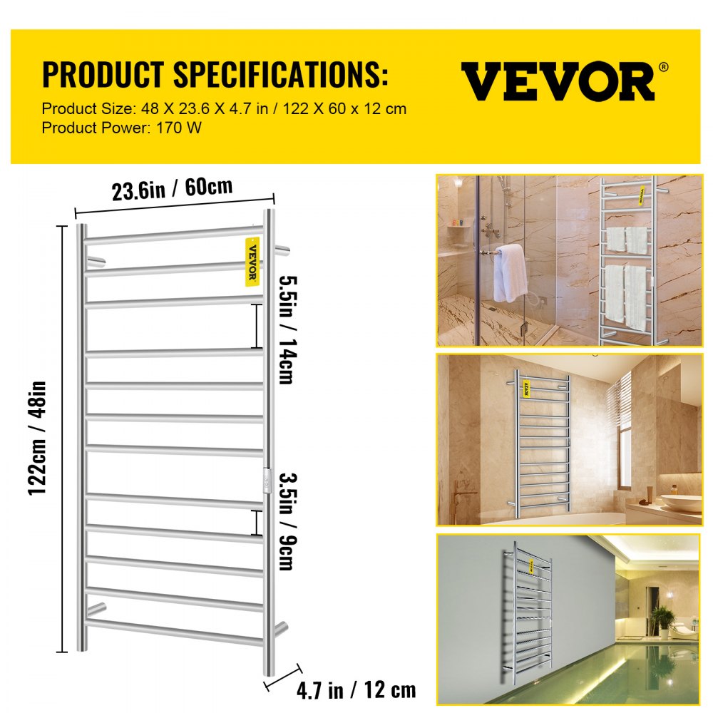VEVOR Heated Towel Rack, 12-Bar Towel Warmer Rack, Wall Mounted Electric Towel Warmer, Electric Towel Drying Rack with Timer, Polished Stainless Steel Heated Towel Warmer for Bath, Plug-in/Hardwired