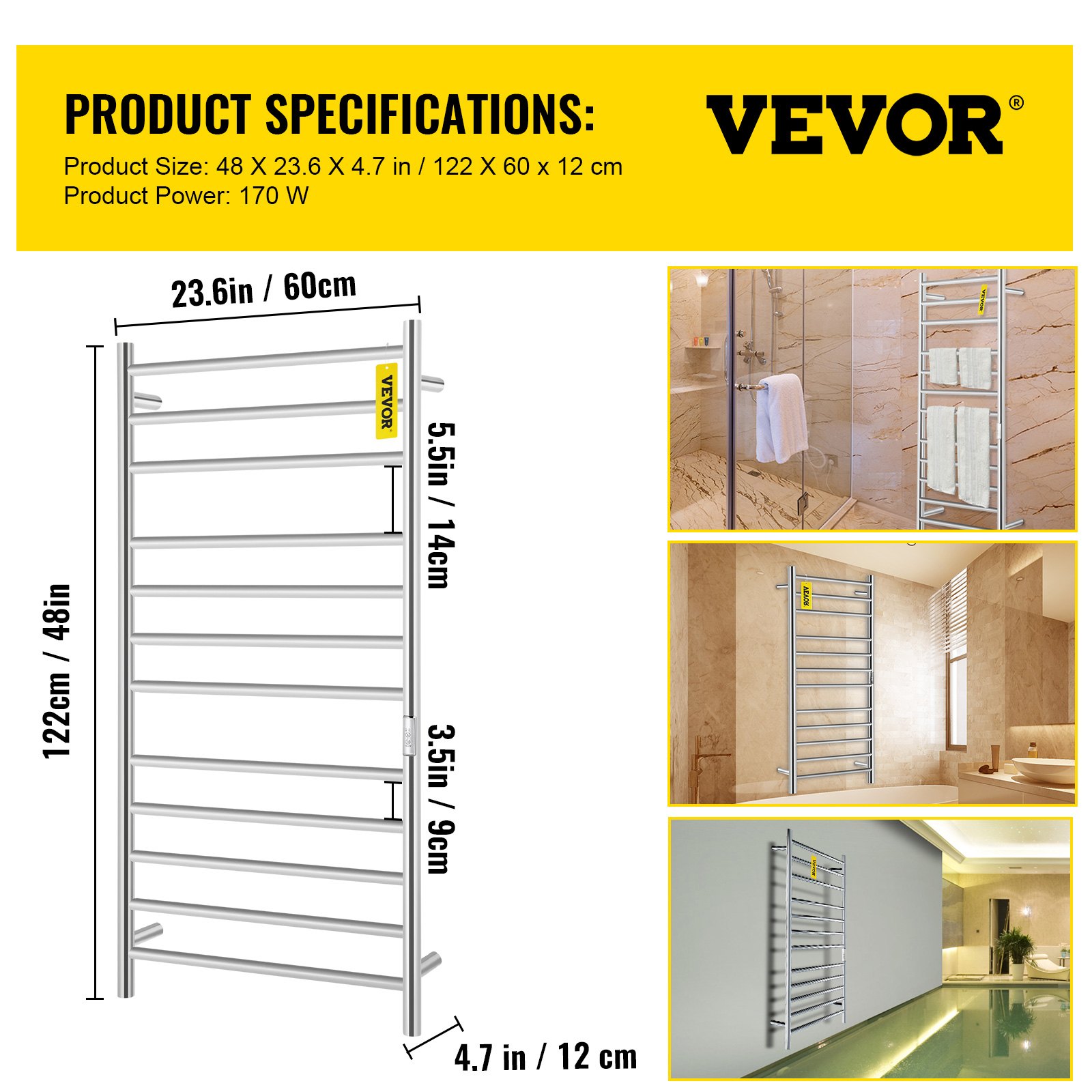 VEVOR Heated Towel Rack, 12-Bar Towel Warmer Rack, Wall Mounted Electric Towel Warmer, Electric Towel Drying Rack with Timer, Polished Stainless Steel Heated Towel Warmer for Bath, Plug-in/Hardwired