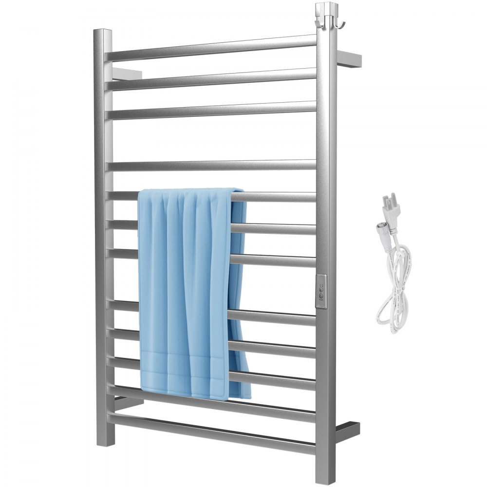 VEVOR Heated Towel Rack, 12 Bars Design, Polishing Brushed Stainless Steel Electric Towel Warmer with Built-in Timer, Wall-Mounted for Bathroom, Plug-in/Hardwired, Tested to UL Standards, Silver