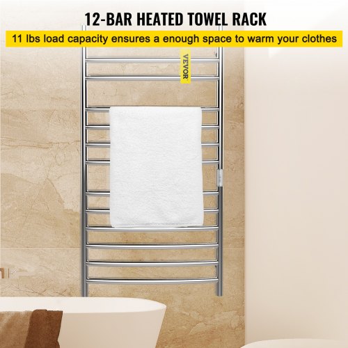VEVOR Heated Towel Rack, 12 Bars Curved Design, Mirror Polished Stainless Steel Electric Towel Warmer with Built-in Timer, Wall-Mounted for Bathroom, Plug-in/Hardwired, UL Certificated, Silver
