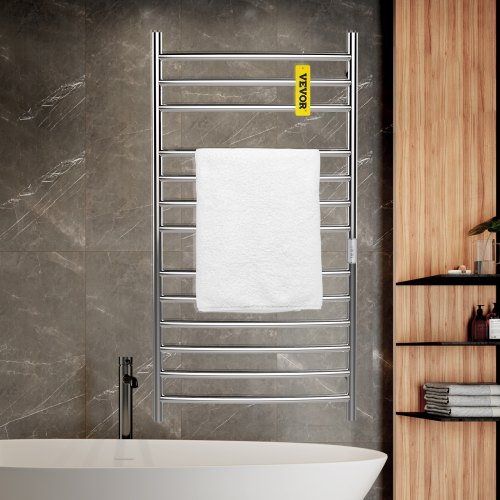 VEVOR Heated Towel Rack, 12 Bars Curved Design, Mirror Polished Stainless Steel Electric Towel Warmer with Built-in Timer, Wall-Mounted for Bathroom, Plug-in/Hardwired, UL Certificated, Silver