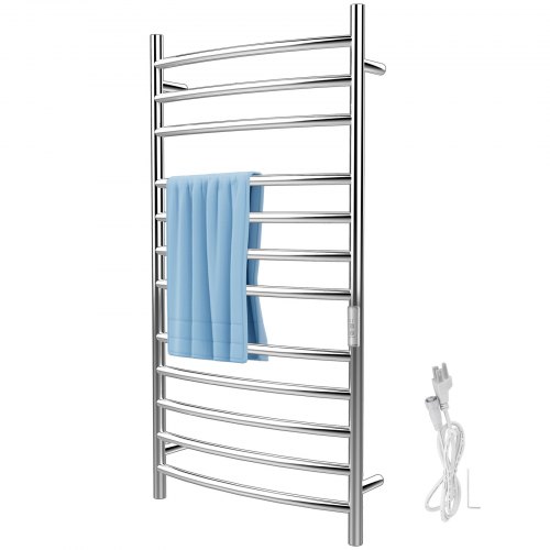 VEVOR Heated Towel Rack, 12 Bars Curved Design, Mirror Polished Stainless Steel Electric Towel Warmer with Built-in Timer, Wall-Mounted for Bathroom, Plug-in/Hardwired Tested to UL Standards