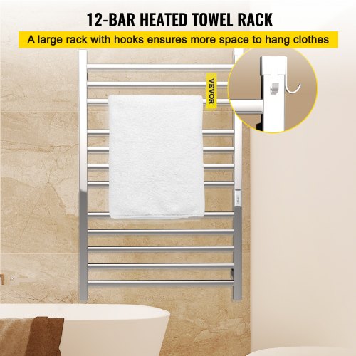 VEVOR Heated Towel Rack, 12 Bars Design, Mirror Polished Stainless Steel Electric Towel Warmer with Built-in Timer, Wall-Mounted for Bathroom, Plug-in/Hardwired, UL Certificated, Silver