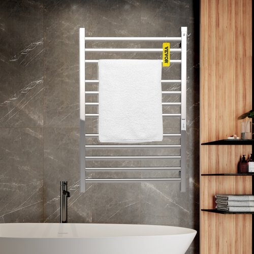 VEVOR Heated Towel Rack, 12 Bars Design, Mirror Polished Stainless Steel Electric Towel Warmer with Built-in Timer, Wall-Mounted for Bathroom, Plug-in/Hardwired, UL Certificated, Silver