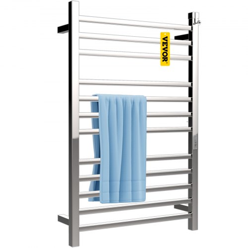 VEVOR Heated Towel Rack, 12 Bars Design, Mirror Polished Stainless Steel Electric Towel Warmer with Built-In Timer, Wall-Mounted for Bathroom, Plug-In/Hardwired, CE Certificated, Silver