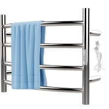 VEVOR Heated Towel Rack, 4 Bars Curved Design, Mirror Polished Stainless Steel Electric Towel Warmer with Built-in Timer, Wall-Mounted for Bathroom, Plug-in/Hardwired, UL Certificated, Silver