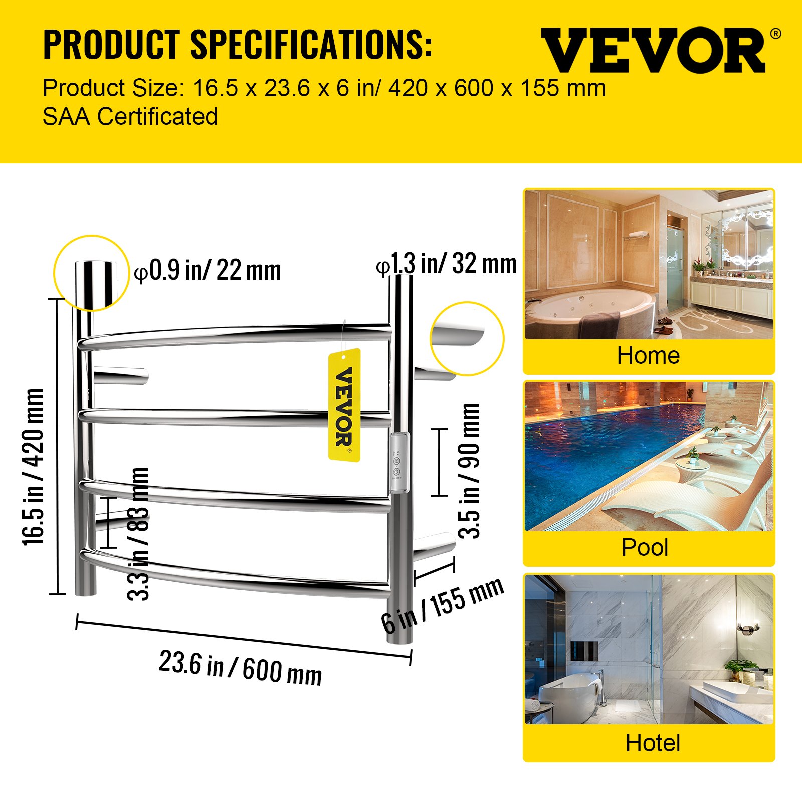 VEVOR Heated Towel Rack Electric Clothes Heater 4 Bars 420 x 600 mm Curved Bath