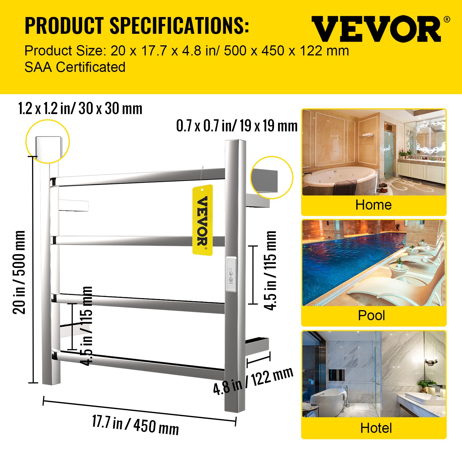 VEVOR Heated Towel Rack Electric Clothes Heater 4 Bars 500 x 450 mm Polished