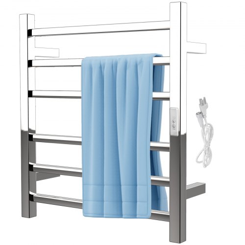 VEVOR Heated Towel Rack, 6 Bars Design, Mirror Polished Stainless Steel Electric Towel Warmer with Built-in Timer, Wall-Mounted for Bathroom, Plug-in/Hardwired Tested to UL Standards