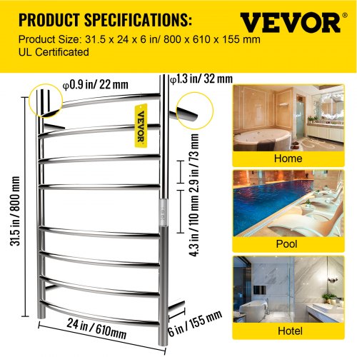 VEVOR Heated Towel Rack, 8 Bars Curved Design, Mirror Polished Stainless Steel Electric Towel Warmer with Built-in Timer, Wall-Mounted for Bathroom, Plug-in/Hardwired, UL Certificated, Silver