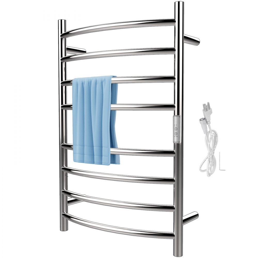 VEVOR Heated Towel Rack, 8 Bars Curved Design, Mirror Polished Stainless Steel Electric Towel Warmer with Built-in Timer, Wall-Mounted for Bathroom, Plug-in/Hardwired Tested to UL Standards