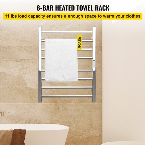 VEVOR Heated Towel Rack, 8 Bars Design, Mirror Polished Stainless Steel Electric Towel Warmer with Built-in Timer, Wall-Mounted for Bathroom, Plug-in/Hardwired, UL Certificated, Silver