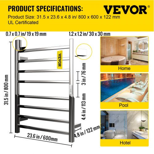 VEVOR Heated Towel Rack, 8 Bars Design, Mirror Polished Stainless Steel Electric Towel Warmer with Built-in Timer, Wall-Mounted for Bathroom, Plug-in/Hardwired, UL Certificated, Silver