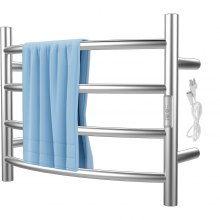 VEVOR Heated Towel Rack, 4 Bars Curved Design, Polishing Brushed Stainless Steel Electric Towel Warmer with Built-in Timer, Wall-Mounted for Bathroom, Plug-in/Hardwired, UL Certificated, Silver