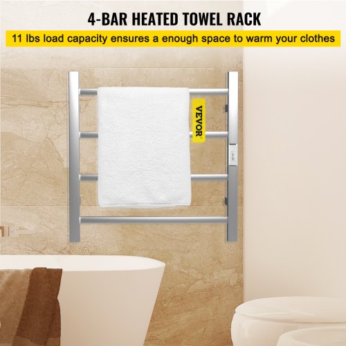 VEVOR Heated Towel Rack, 4 Bars Design, Polishing Brushed Stainless Steel Electric Towel Warmer with Built-in Timer, Wall-Mounted for Bathroom, Plug-in/Hardwired, UL Certificated, Silver