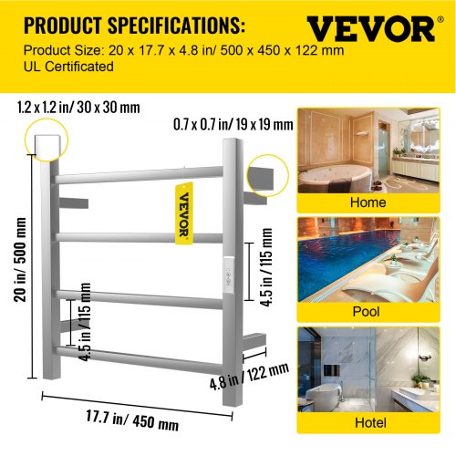 VEVOR Heated Towel Rack, 4 Bars Design, Polishing Brushed Stainless Steel Electric Towel Warmer with Built-in Timer, Wall-Mounted for Bathroom, Plug-in/Hardwired, UL Certificated, Silver