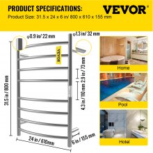 VEVOR Heated Towel Rack, 8 Bars Curved Design, Polishing Brushed Stainless Steel Electric Towel Warmer with Built-in Timer, Wall-Mounted for Bathroom, Plug-in/Hardwired Tested to UL Standards