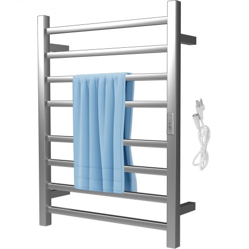 VEVOR Heated Towel Rack, 8 Bars Design, Polishing Brushed Stainless Steel Electric Towel Warmer with Built-in Timer, Wall-Mounted for Bathroom, Plug-in/Hardwired Tested to UL Standards