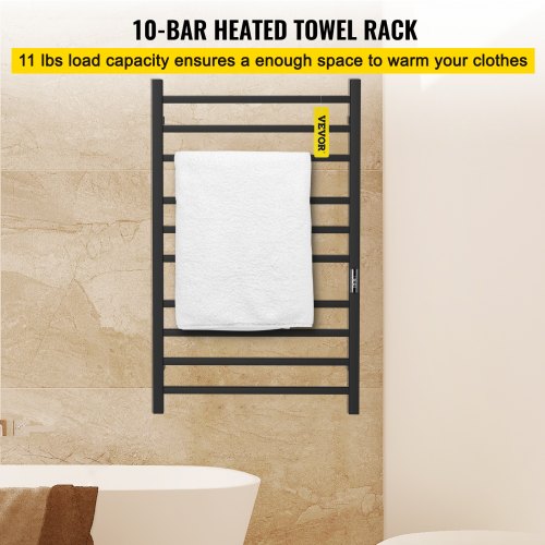 VEVOR Heated Towel Rack, 10 Bars Design, Powder Coated Stainless Steel Electric Towel Warmer with Built-in Timer, Wall-Mounted for Bathroom, Plug-in/Hardwired, UL Certificated, Black