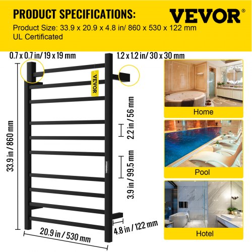 VEVOR Heated Towel Rack, 10 Bars Design, Powder Coated Stainless Steel Electric Towel Warmer with Built-in Timer, Wall-Mounted for Bathroom, Plug-in/Hardwired, UL Certificated, Black