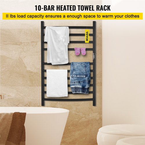 VEVOR Heated Towel Rack, 10 Bars Curved Design, Powder Coated Stainless Steel Electric Towel Warmer with Built-in Timer, Wall-Mounted for Bathroom, Plug-in/Hardwired, UL Certificated, Black