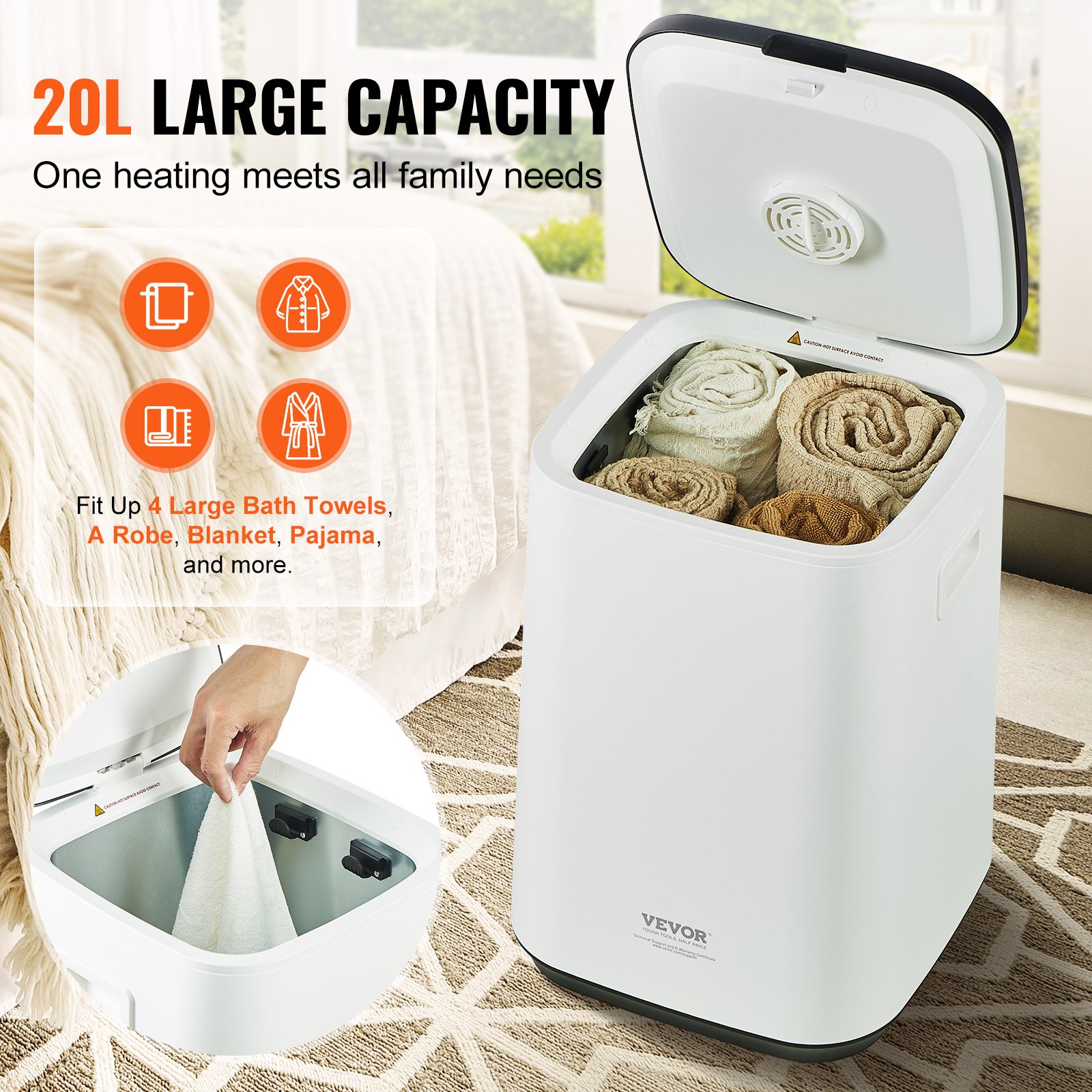 VEVOR Towel Warmers for Bathroom, Towel Warmer Bucket with Child Lock & High-Temp Indicator & 24H Delay Timer & Auto Shut Off Fits up to 4 Oversized Bath Towels, Blankets, Clothes, Bathrobes and More