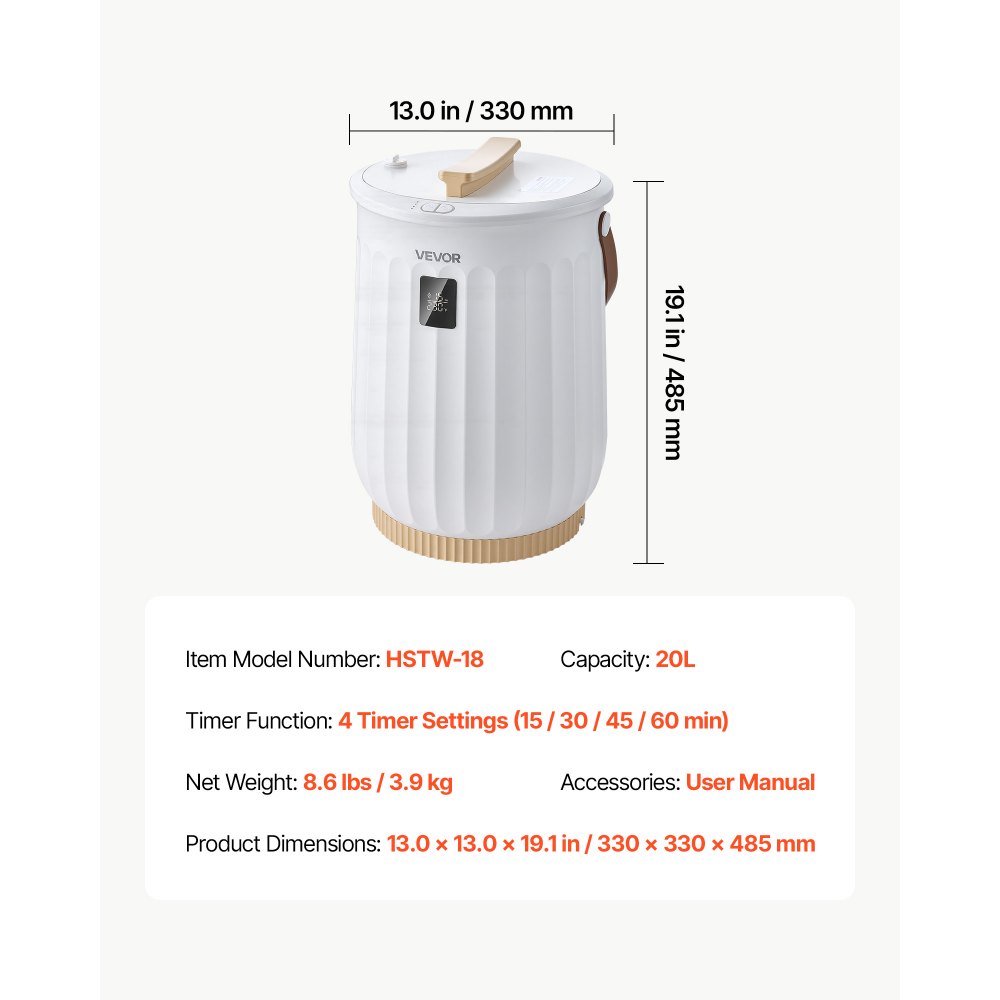 VEVOR Towel Warmers for Bathroom 20L Heated Towel Bucket with LED Display, Rapid Heating, 4 Adjustable Timer, Wood Handle, Auto Shut Off, Fits Oversized Towels, Blankets, Bathrobes, for Women, White