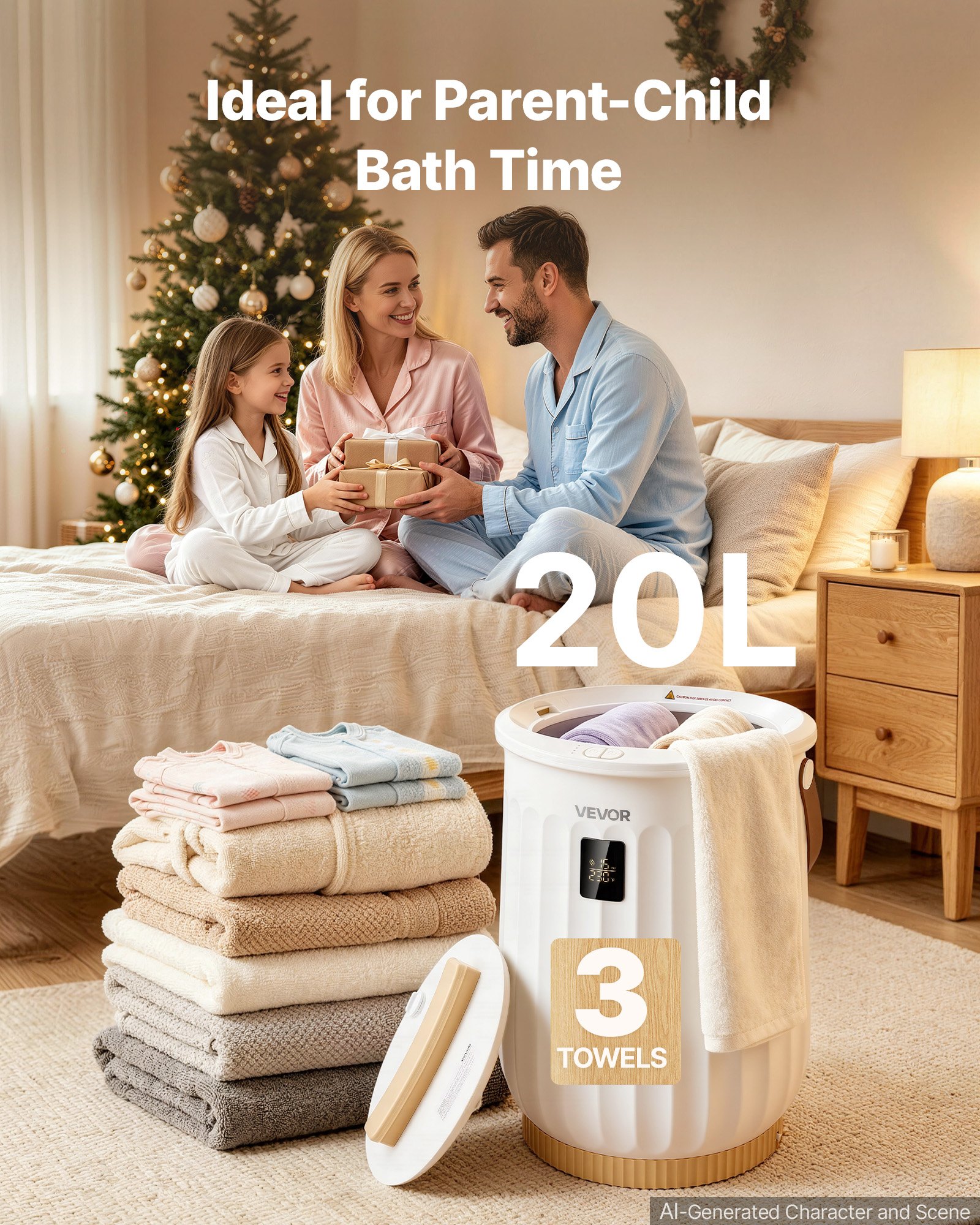 VEVOR Towel Warmers for Bathroom 20L Heated Towel Bucket with LED Display, Rapid Heating, 4 Adjustable Timer, Wood Handle, Auto Shut Off, Fits Oversized Towels, Blankets, Bathrobes, for Women, White