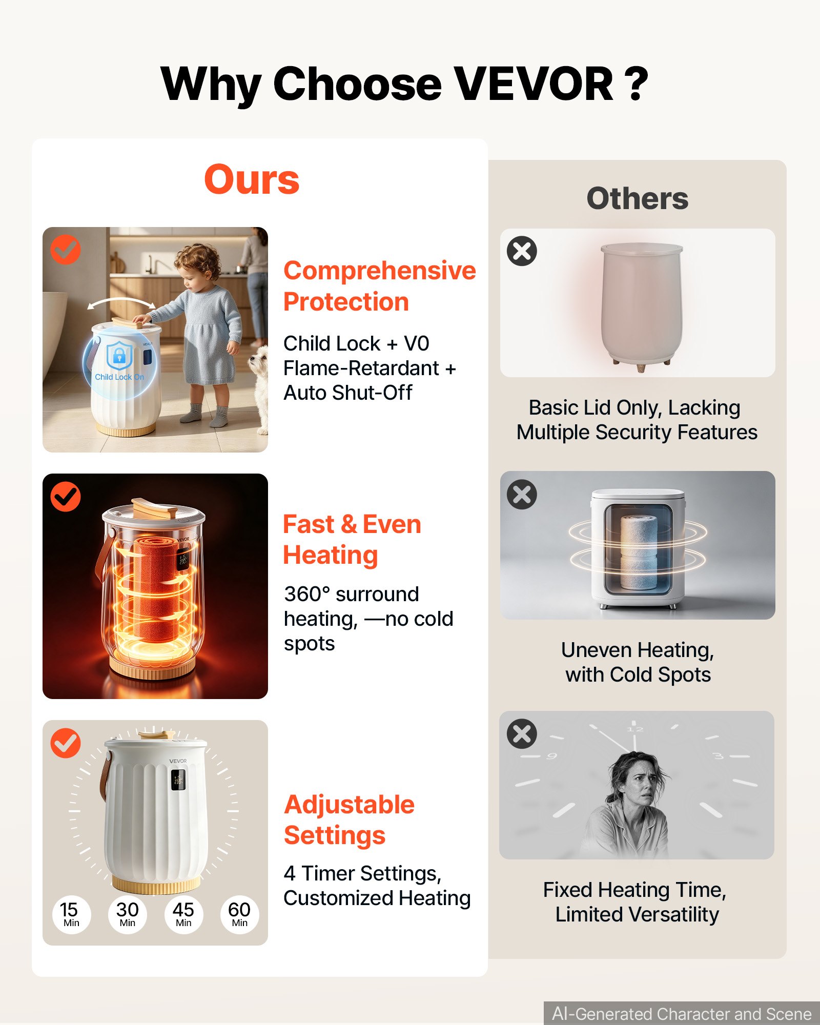 VEVOR Towel Warmers for Bathroom 20L Heated Towel Bucket with LED Display, Rapid Heating, 4 Adjustable Timer, Wood Handle, Auto Shut Off, Fits Oversized Towels, Blankets, Bathrobes, for Women, White