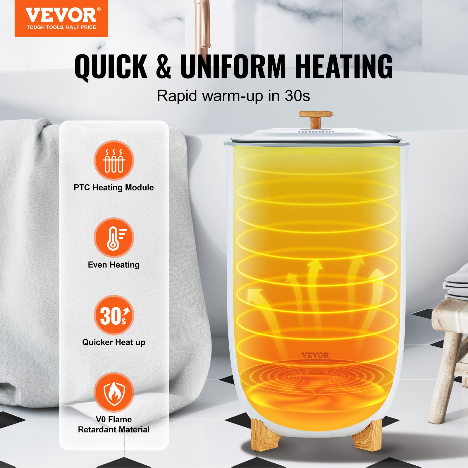 VEVOR 35L Large Towel Warmer Bucket with LED Screen Drying Fuction & Timer White