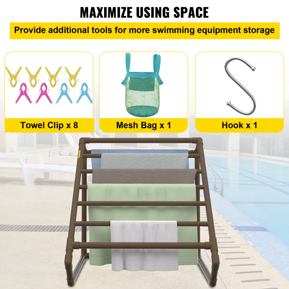 VEVOR Toallero para piscina, 8 barras, marrón, organizador de almacenamiento triangular independiente de PVC para exteriores, incluye 8 clips para toallas, bolsa de malla, gancho, también almacena flotadores y paletas, para playa, piscina
