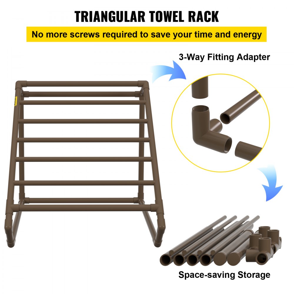 VEVOR Toallero para piscina, 8 barras, marrón, organizador de almacenamiento triangular independiente de PVC para exteriores, incluye 8 clips para toallas, bolsa de malla, gancho, también almacena flotadores y paletas, para playa, piscina