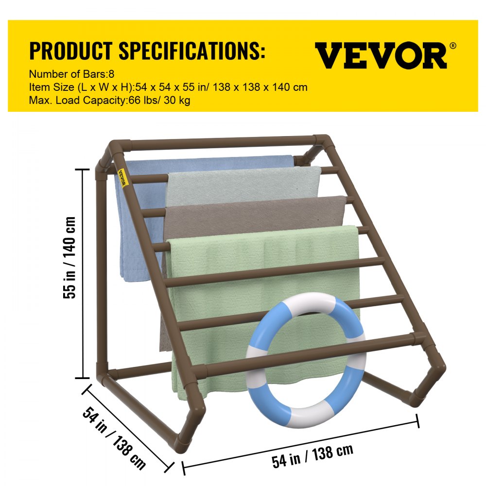 VEVOR Toallero para piscina, 8 barras, marrón, organizador de almacenamiento triangular independiente de PVC para exteriores, incluye 8 clips para toallas, bolsa de malla, gancho, también almacena flotadores y paletas, para playa, piscina