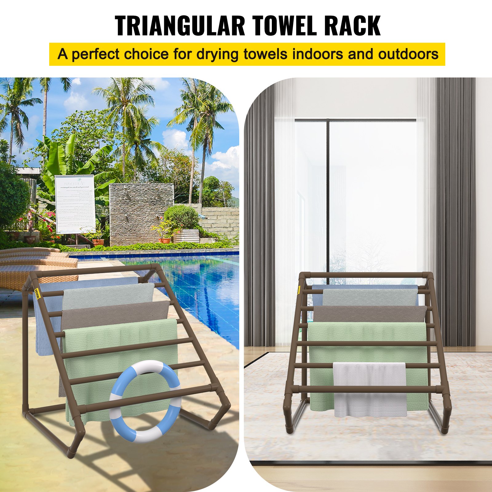 VEVOR Toallero para piscina, 8 barras, marrón, organizador de almacenamiento triangular independiente de PVC para exteriores, incluye 8 clips para toallas, bolsa de malla, gancho, también almacena flotadores y paletas, para playa, piscina