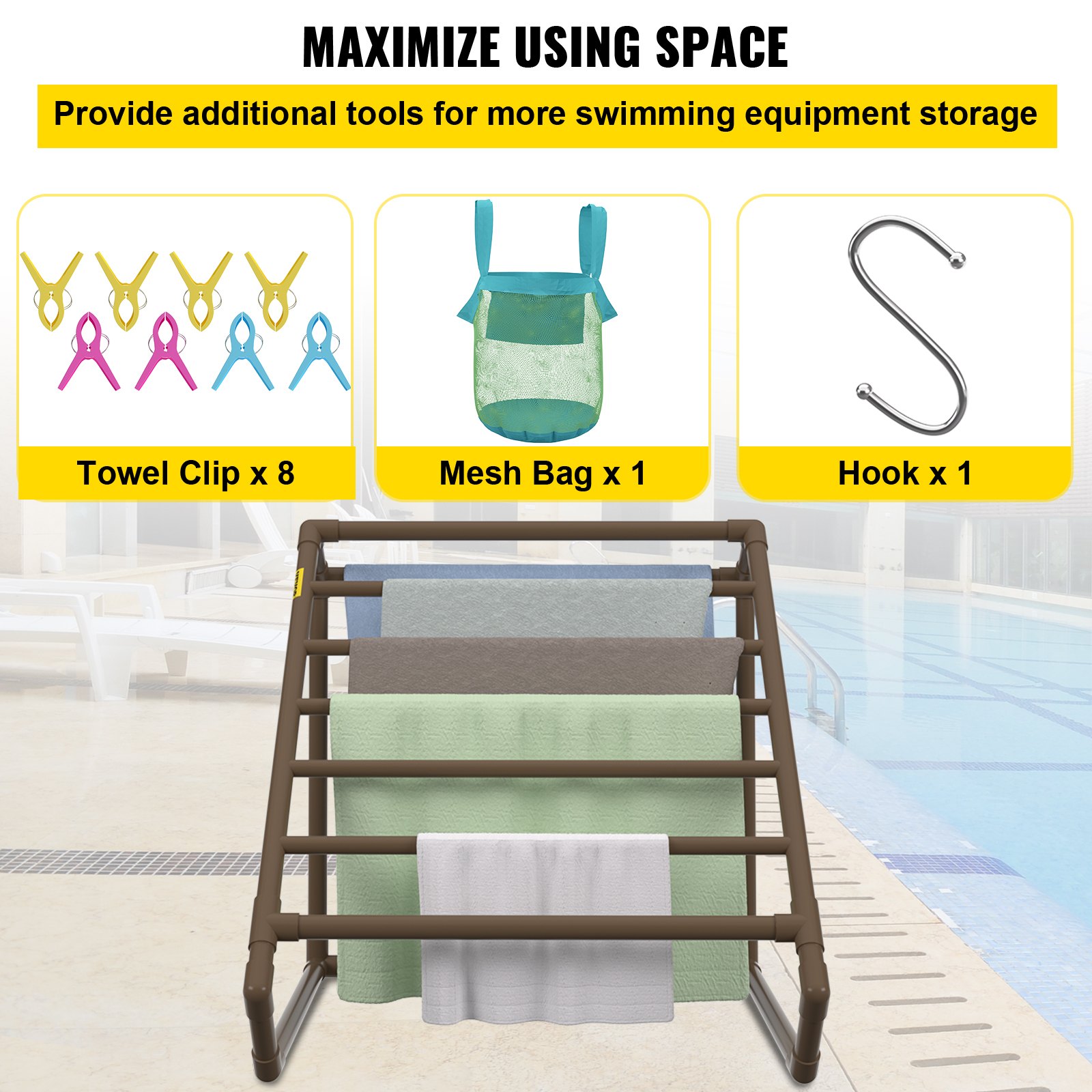 VEVOR Toallero para piscina, 8 barras, marrón, organizador de almacenamiento triangular independiente de PVC para exteriores, incluye 8 clips para toallas, bolsa de malla, gancho, también almacena flotadores y paletas, para playa, piscina