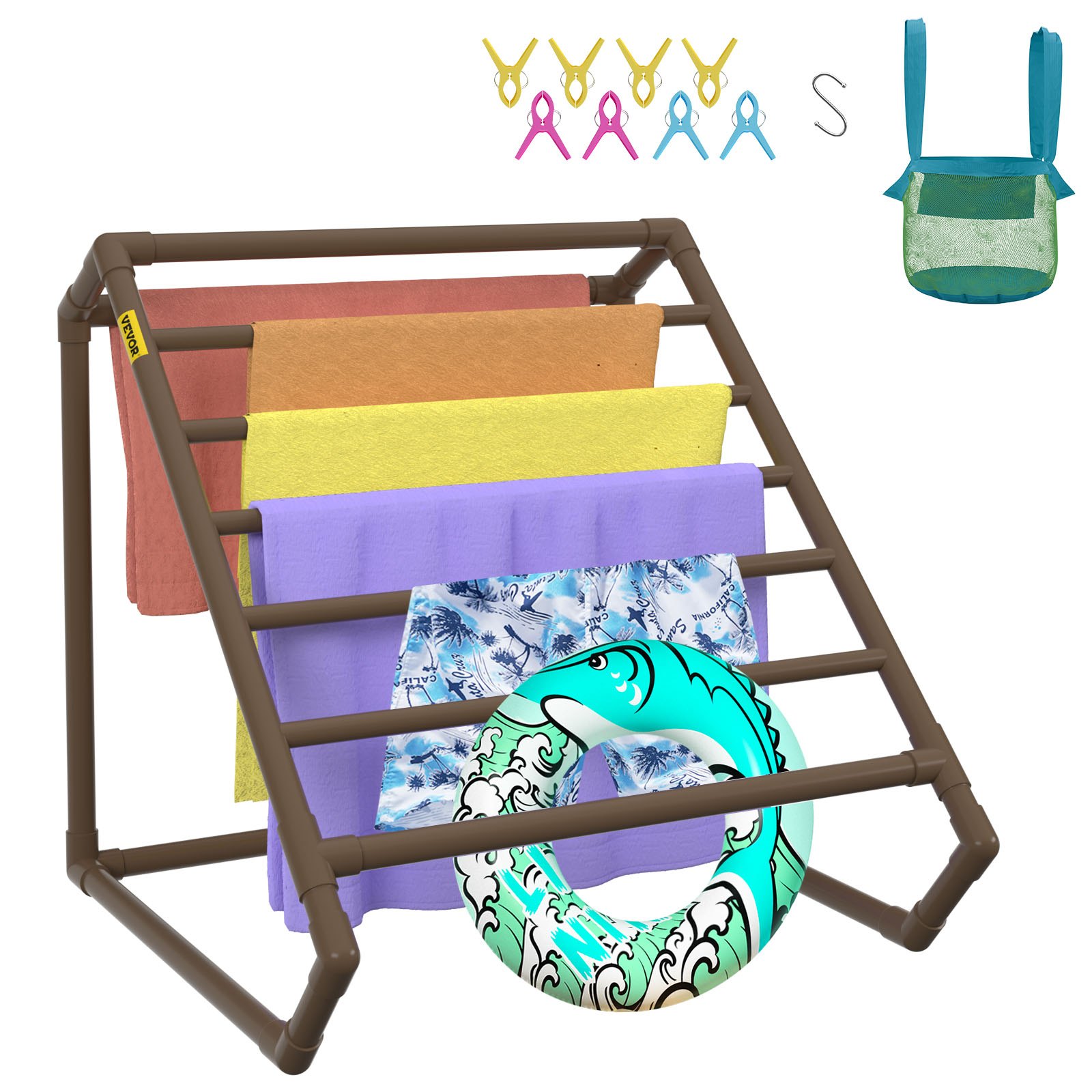 VEVOR Toallero para piscina, 8 barras, marrón, organizador de almacenamiento triangular independiente de PVC para exteriores, incluye 8 clips para toallas, bolsa de malla, gancho, también almacena flotadores y paletas, para playa, piscina