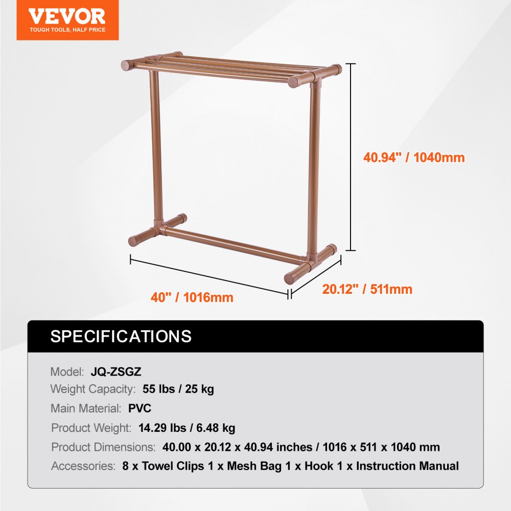 VEVOR Towel Rack, 5 Bars Outdoor PVC Towel Holder, Floor Standing Pool Towel Hanger Stand with Clips, Bag & Hook, Outdoor Indoor Quilt Drying Rack Organizer, Ideal for Poolside, Bathroom, Spa, Brown