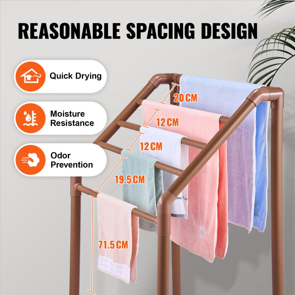 VEVOR Towel Rack, 5 Bars Outdoor PVC Towel Holder, Freestanding Pool Towel Hanger Stand with Clips, Bag & Hook, Outdoor Indoor Quilt Drying Rack Organizer, Ideal for Poolside, Bathroom, Spa, Brown
