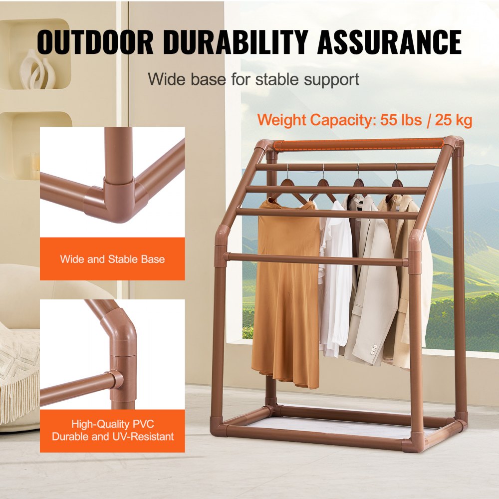 VEVOR Towel Rack, 5 Bars Outdoor PVC Towel Holder, Freestanding Pool Towel Hanger Stand with Clips, Bag & Hook, Outdoor Indoor Quilt Drying Rack Organizer, Ideal for Poolside, Bathroom, Spa, Brown