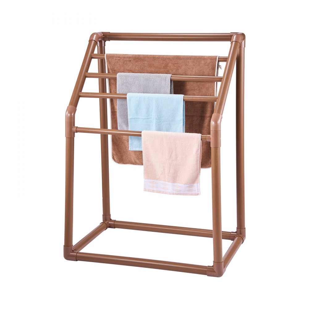 VEVOR Towel Rack, 5 Bars Outdoor PVC Towel Holder, Freestanding Pool Towel Hanger Stand with Clips, Bag & Hook, Outdoor Indoor Quilt Drying Rack Organizer, Ideal for Poolside, Bathroom, Spa, Brown
