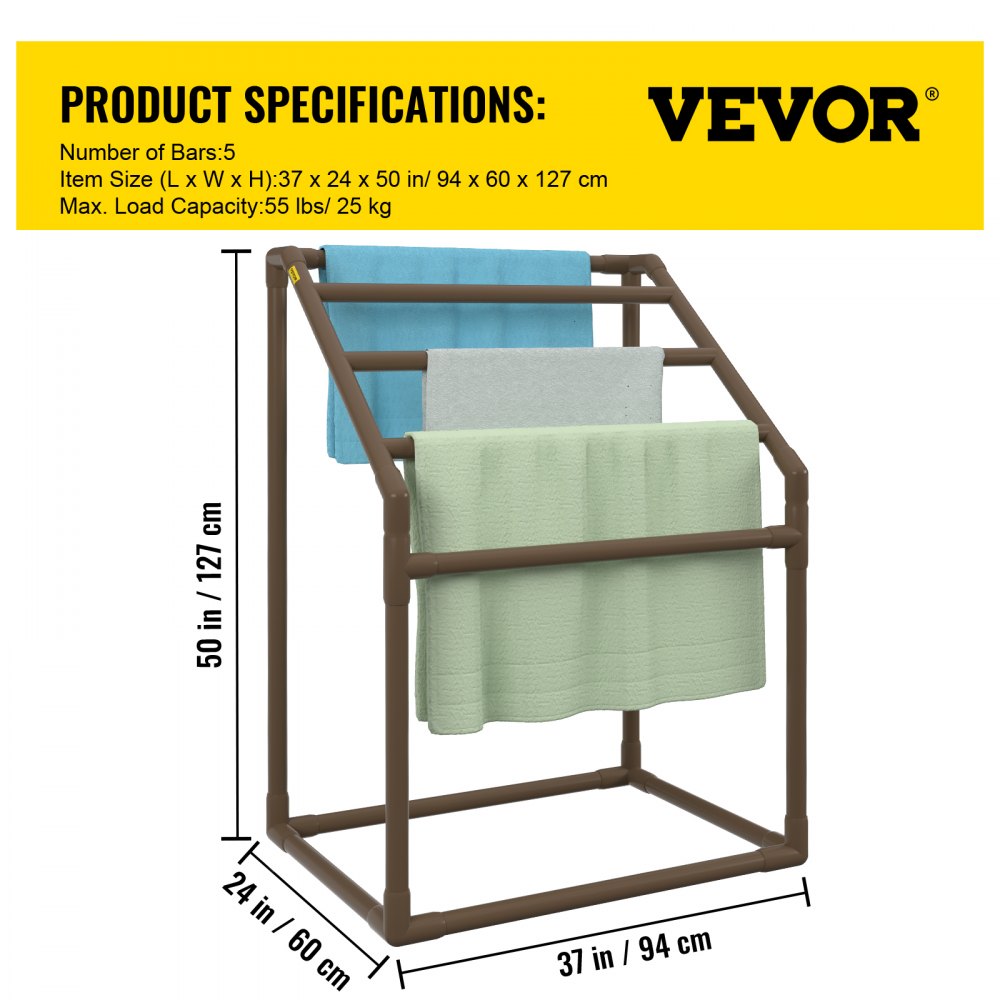 VEVOR Towel Rack, 5 Bars Outdoor PVC Towel Holder, Freestanding Pool Towel Hanger Stand with Clips, Bag & Hook, Outdoor Indoor Quilt Drying Rack Organizer, Ideal for Poolside, Bathroom, Spa, Brown