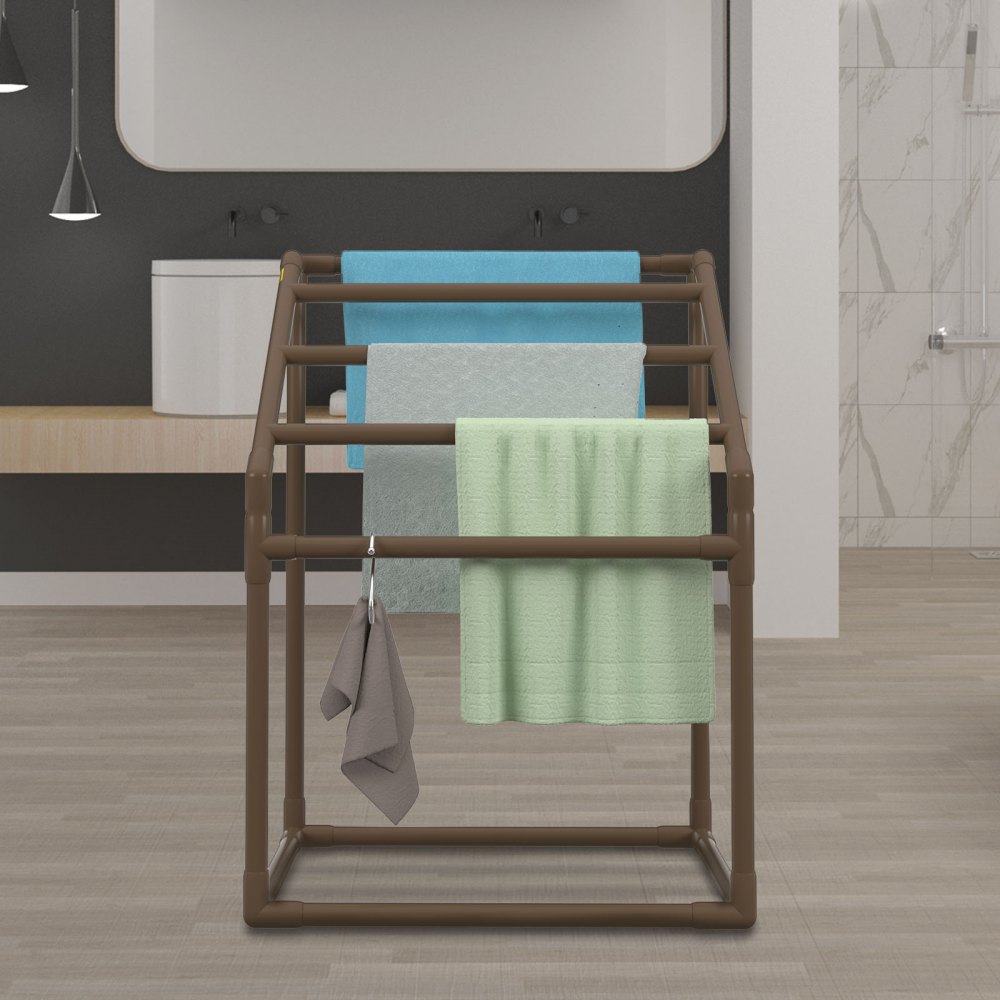 VEVOR Towel Rack, 5 Bars Outdoor PVC Towel Holder, Freestanding Pool Towel Hanger Stand with Clips, Bag & Hook, Outdoor Indoor Quilt Drying Rack Organizer, Ideal for Poolside, Bathroom, Spa, Brown