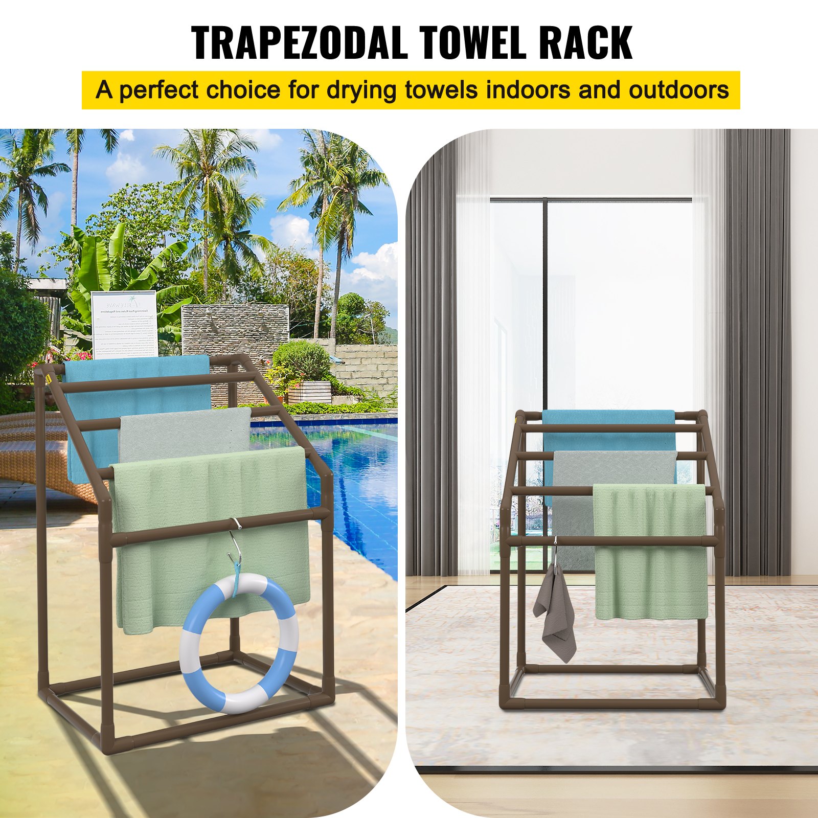VEVOR Towel Rack, 5 Bars Outdoor PVC Towel Holder, Freestanding Pool Towel Hanger Stand with Clips, Bag & Hook, Outdoor Indoor Quilt Drying Rack Organizer, Ideal for Poolside, Bathroom, Spa, Brown
