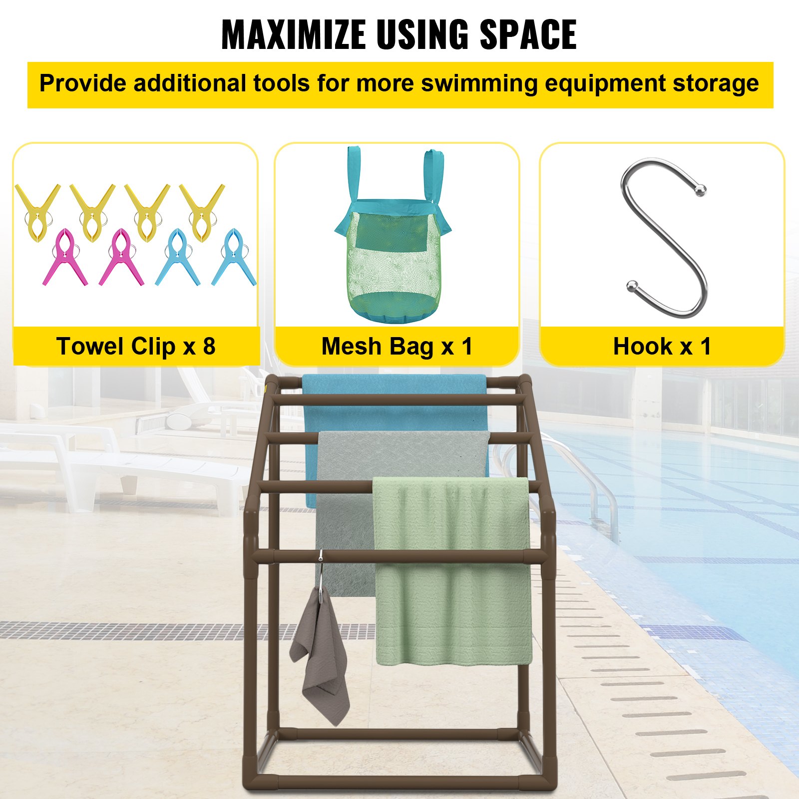 VEVOR Towel Rack, 5 Bars Outdoor PVC Towel Holder, Freestanding Pool Towel Hanger Stand with Clips, Bag & Hook, Outdoor Indoor Quilt Drying Rack Organizer, Ideal for Poolside, Bathroom, Spa, Brown