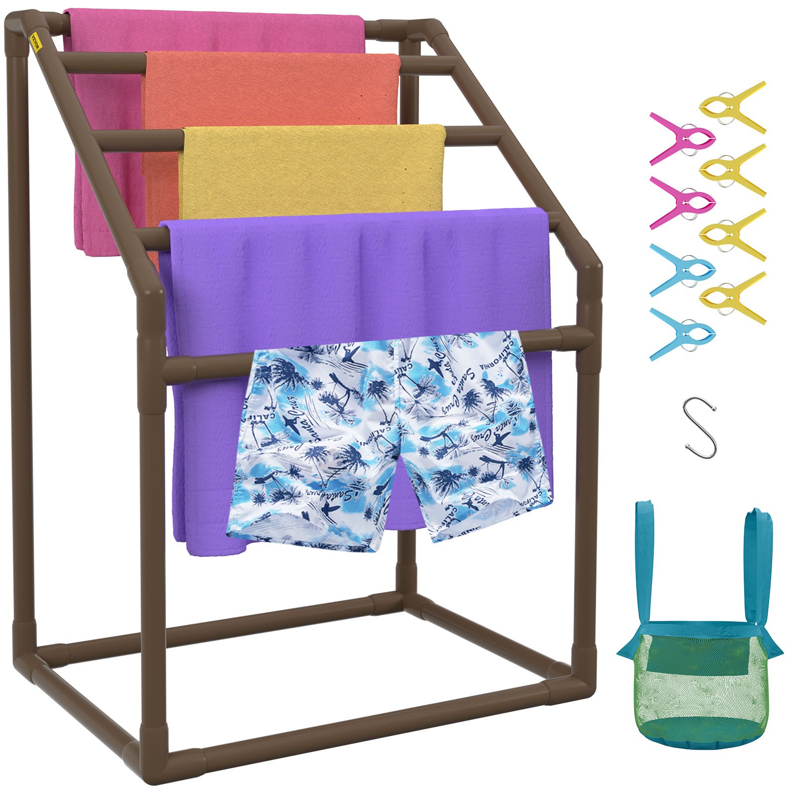 VEVOR Towel Rack, 5 Bars Outdoor PVC Towel Holder, Freestanding Pool Towel Hanger Stand with Clips, Bag & Hook, Outdoor Indoor Quilt Drying Rack Organizer, Ideal for Poolside, Bathroom, Spa, Brown