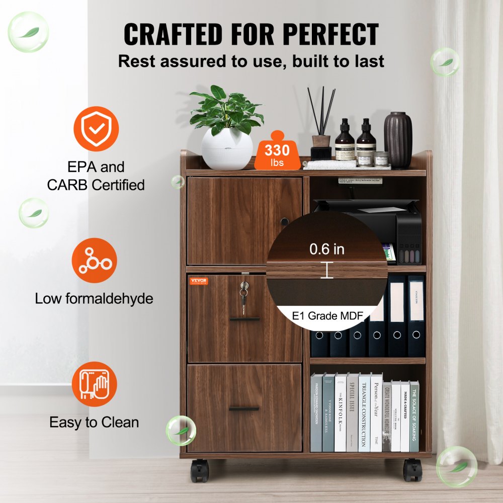 VEVOR Wood File Cabinet, Mobile Printer Cabinet 3-Drawer, with 2 Outlets and 2 USB Ports, Printer Stand with Open Storage Shelves for Home Office, Rustic Brown, EPA and CARB Certified