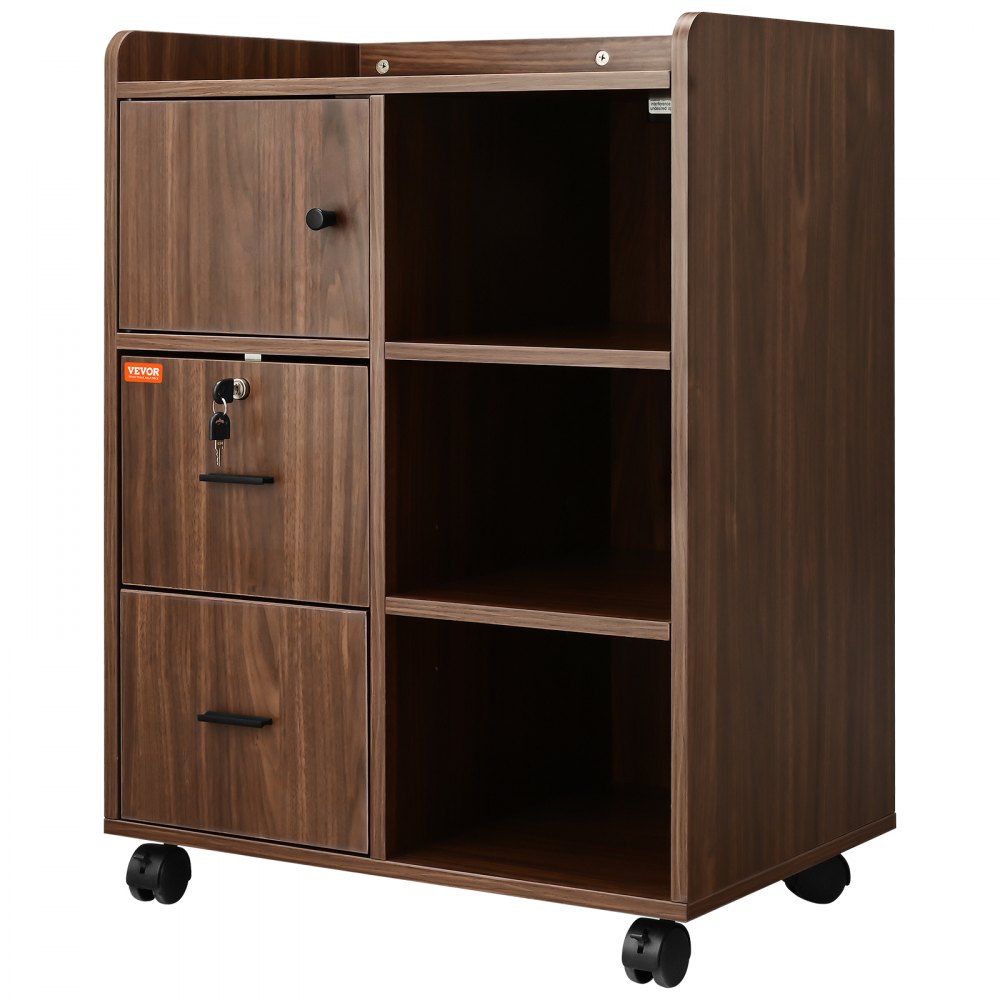VEVOR Wood File Cabinet, Mobile Printer Cabinet 3-Drawer, with 2 Outlets and 2 USB Ports, Printer Stand with Open Storage Shelves for Home Office, Rustic Brown, EPA and CARB Certified