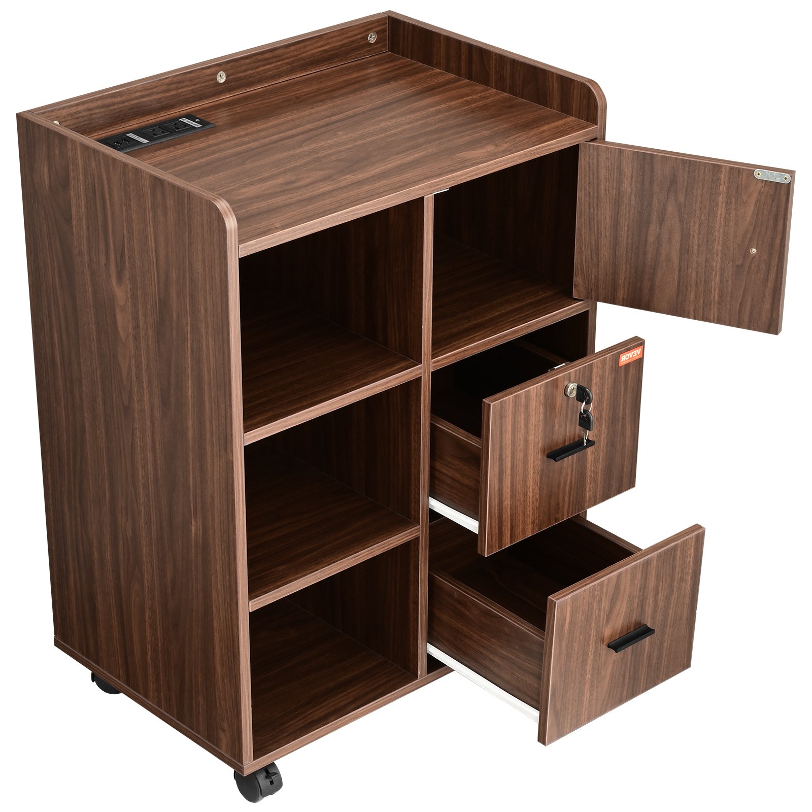 VEVOR Wood File Cabinet, Mobile Printer Cabinet 3-Drawer, with 2 Outlets and 2 USB Ports, Printer Stand with Open Storage Shelves for Home Office, Rustic Brown, EPA and CARB Certified